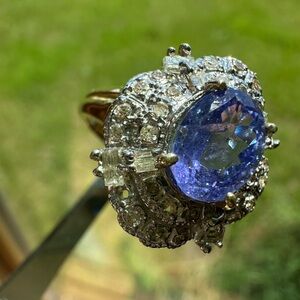Natural Tanzanite and Diamond Cluster Ring- 14K Yellow Gold (US Size 7)